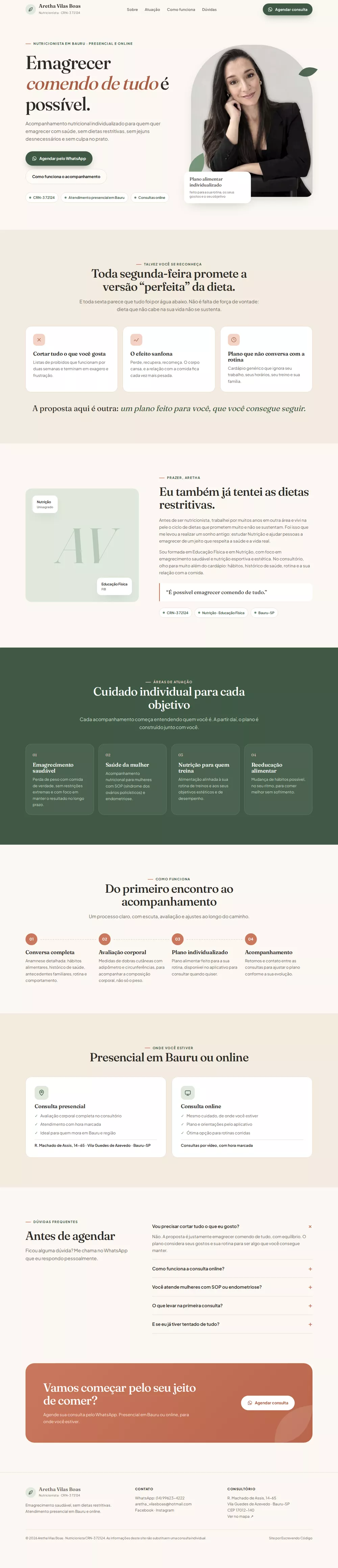 Página completa do site da nutricionista Aretha Vilas Boas